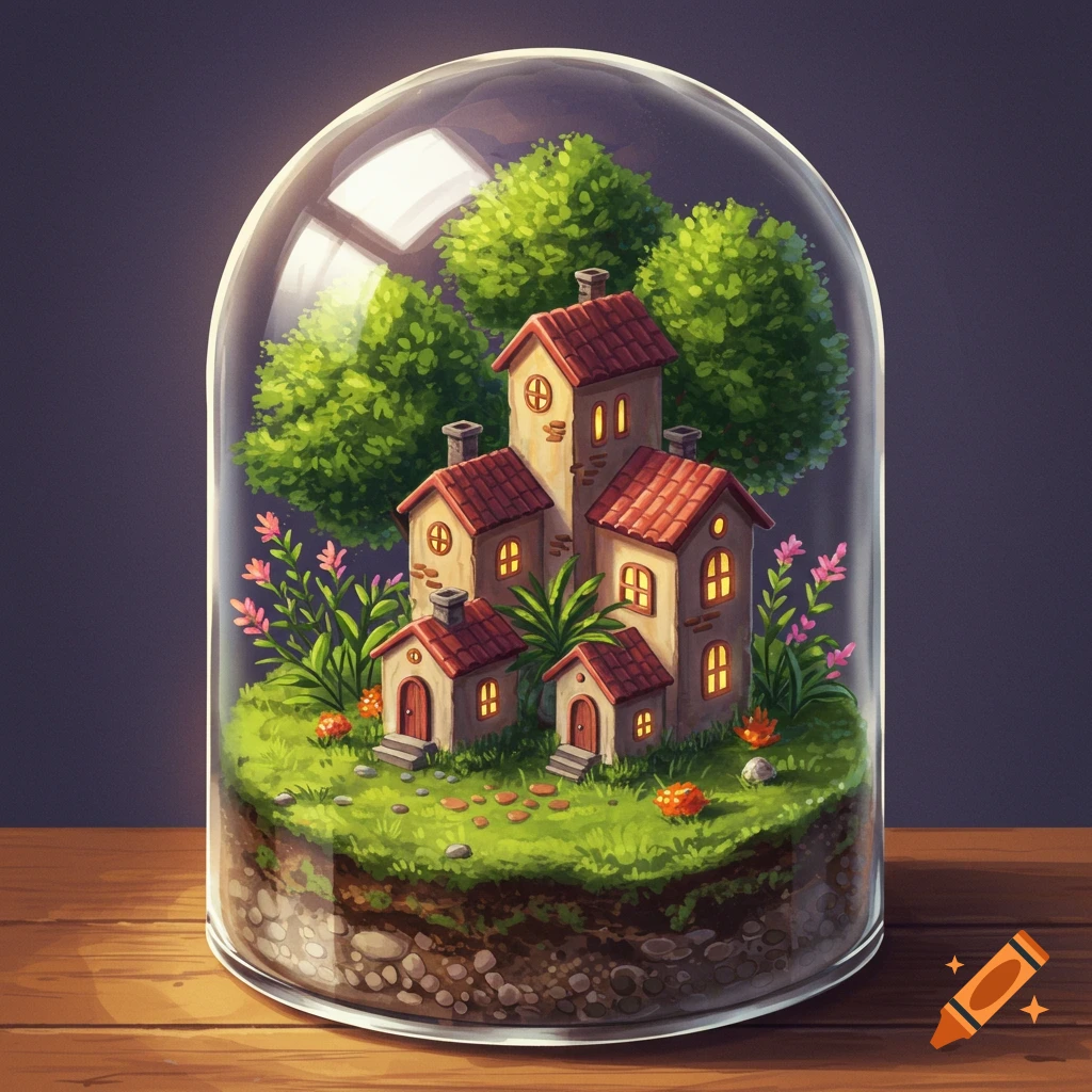 A whimsical miniature town inside a glass terrarium.