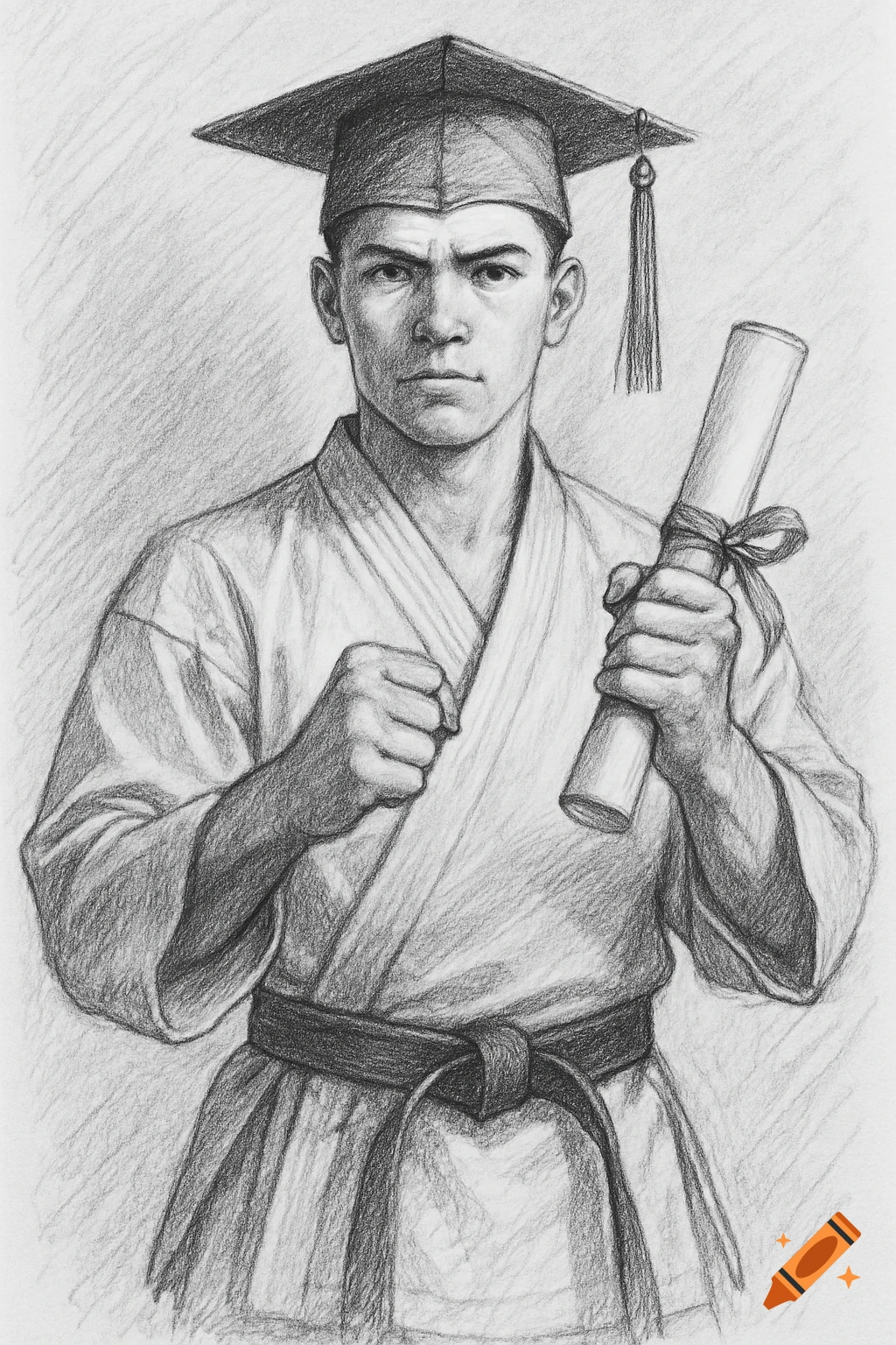 Pencil drawing of a man in a karate gi and graduation cap, holding a diploma.