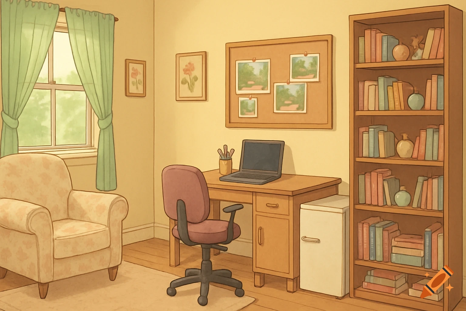 A cozy home office scene with a desk, laptop, bookshelf, armchair, and window in an illustration style.