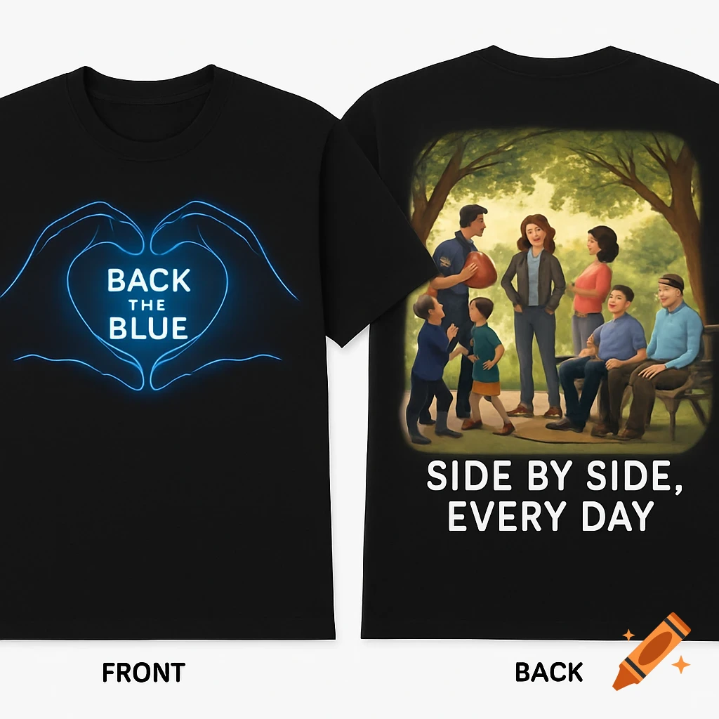 Black t-shirt with blue glowing heart hands and 'BACK THE BLUE' on front, park scene with people and 'SIDE BY SIDE, EVERY DAY' on back.