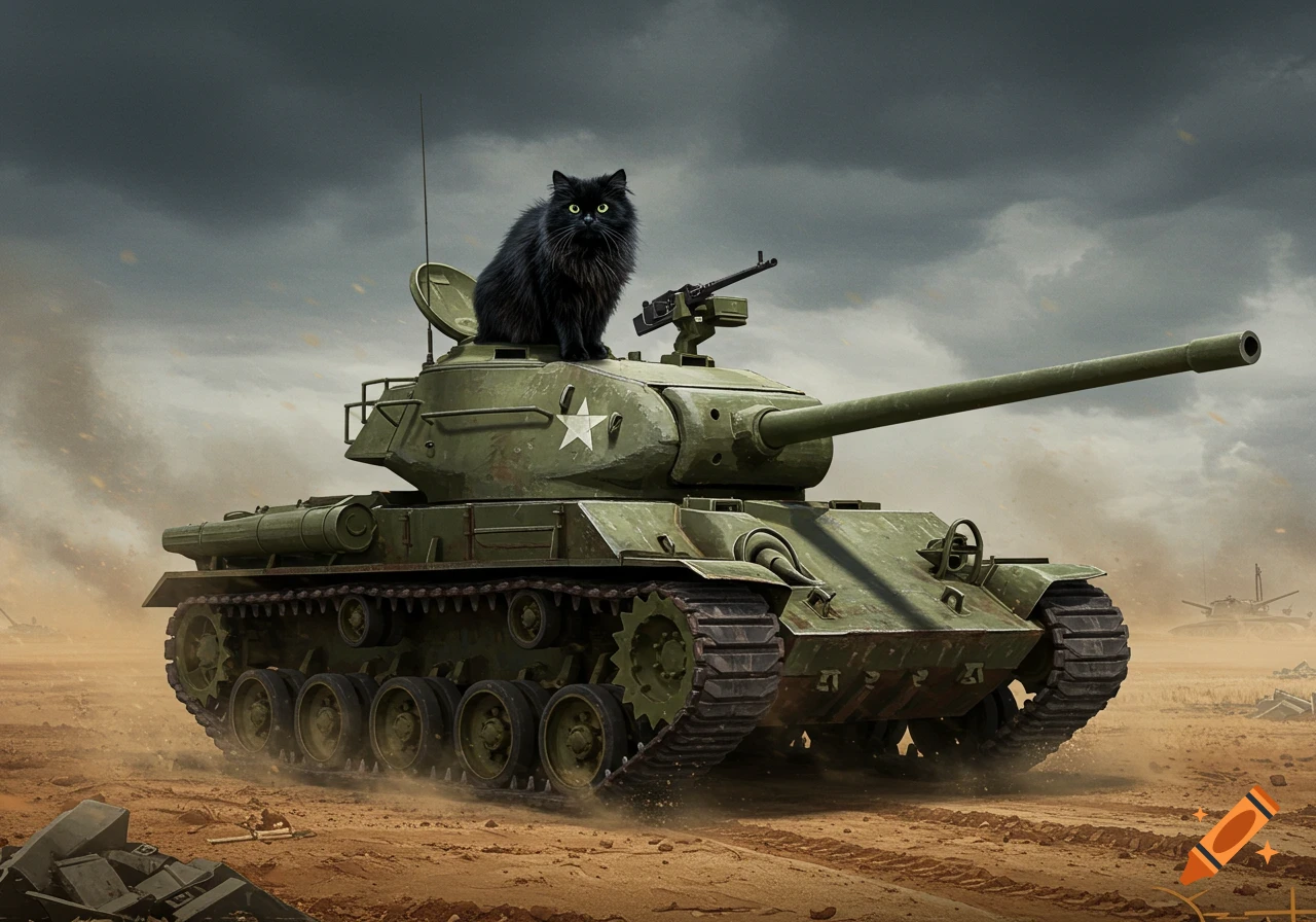 Fluffy black cat sits atop a green tank in a desert landscape under a cloudy sky.
