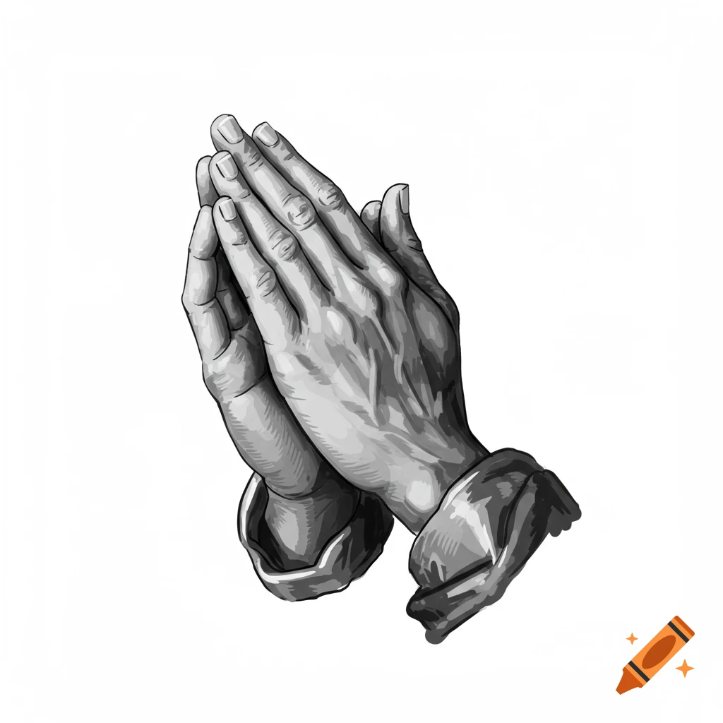 Black and white illustration of praying hands.
