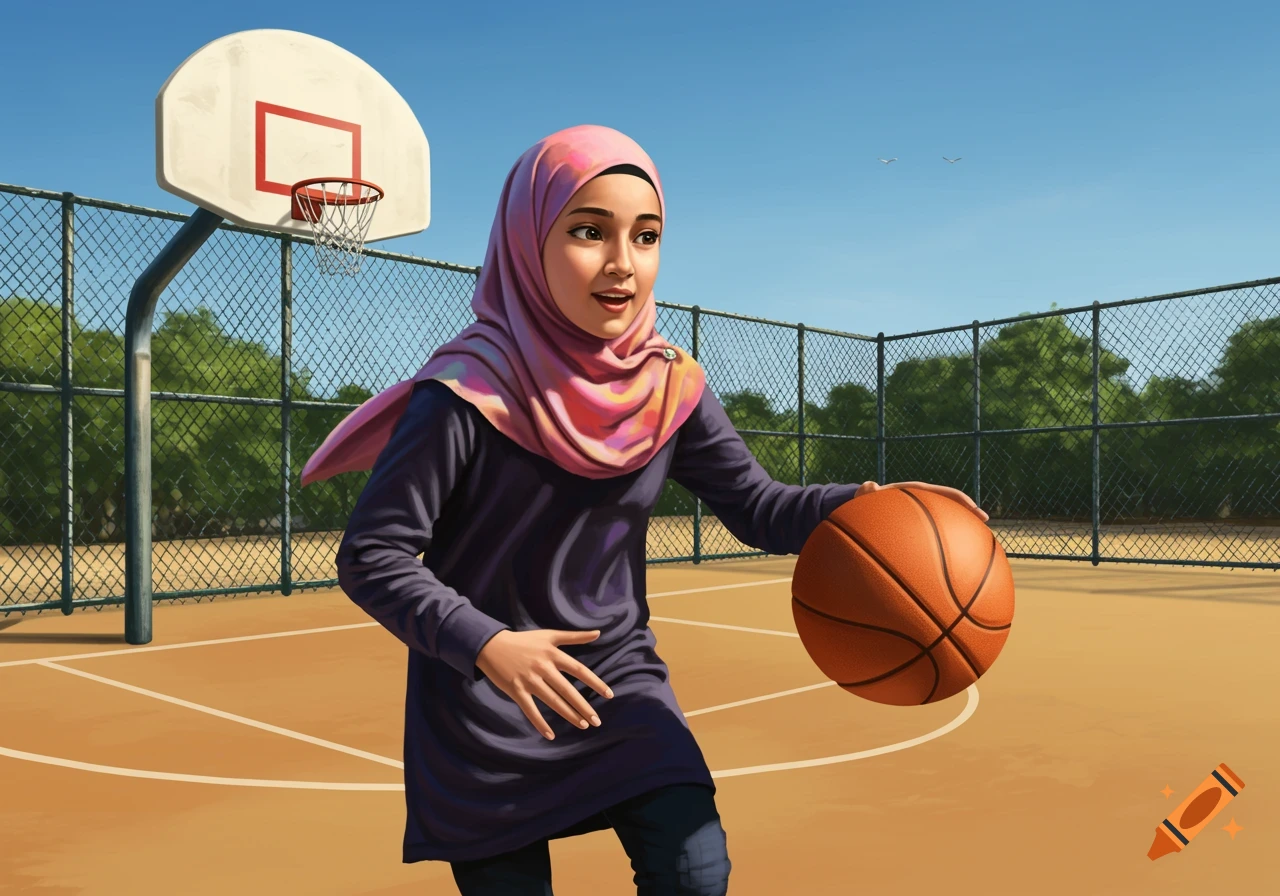 A young girl wearing a hijab dribbles a basketball on an outdoor court.