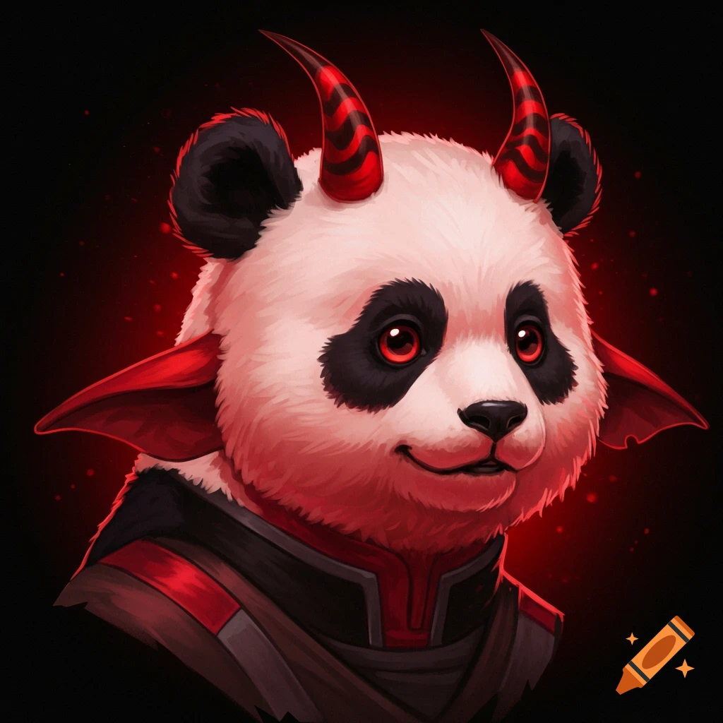 Digital painting of a panda with red horns and ears