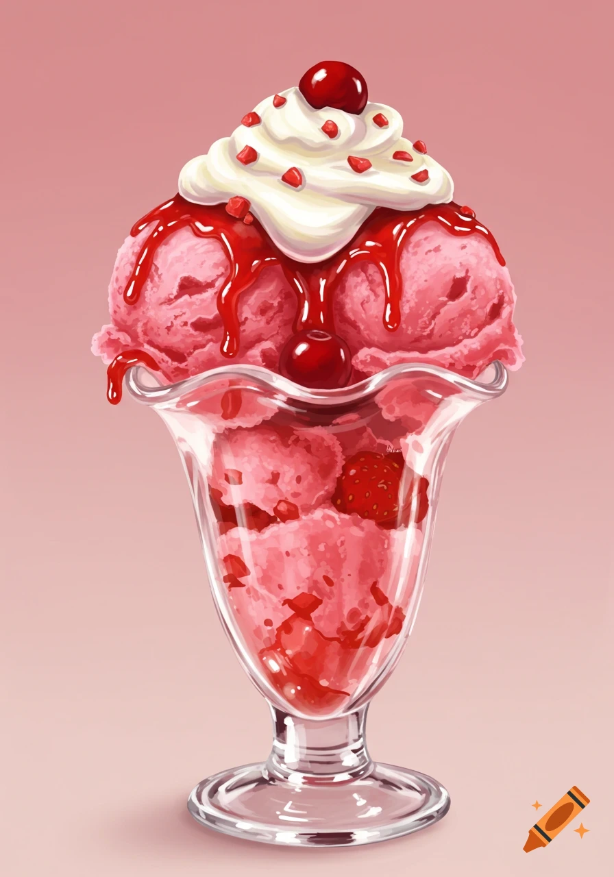 An illustrated strawberry ice cream sundae in a tall glass dish topped with whipped cream, syrup, and cherries.