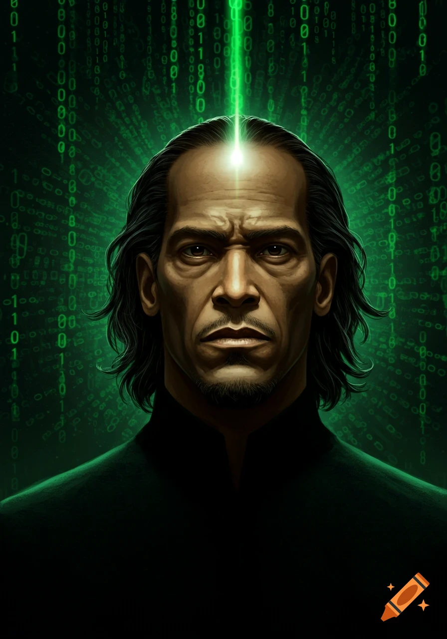 Stylized portrait of a man resembling Morpheus against a green matrix code background.