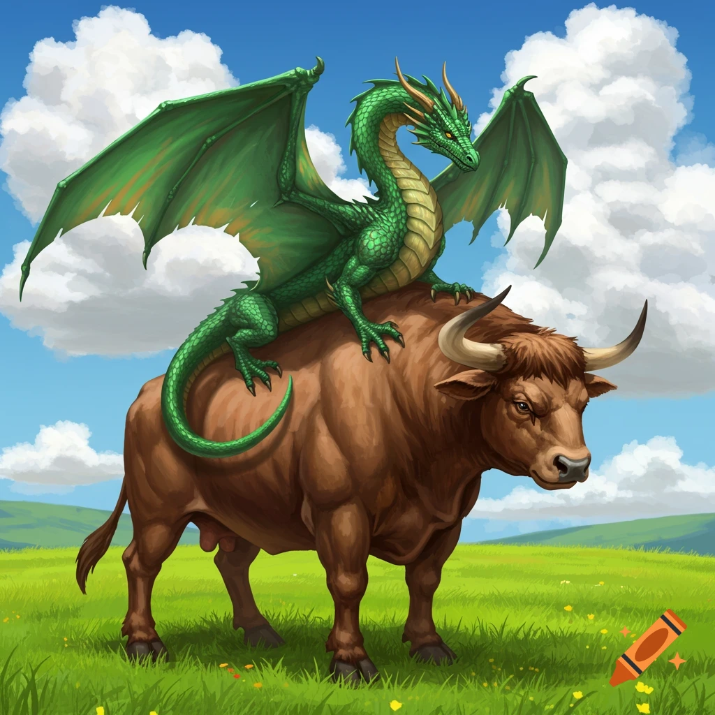 A green dragon rides on the back of a brown bull in a grassy field ...