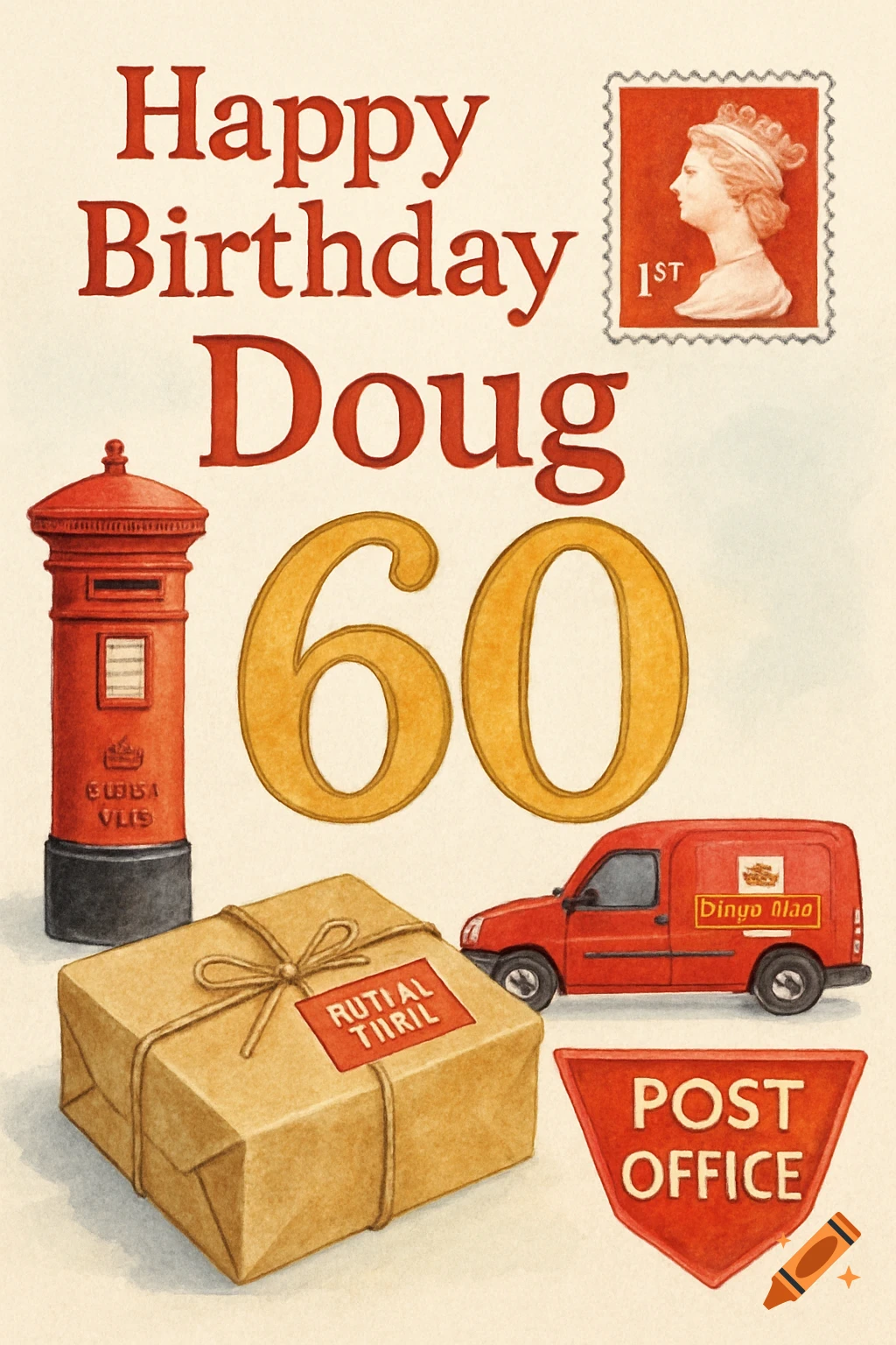 A watercolor birthday card for Doug's 60th, featuring a red post box, a package, a red mail van, and a stamp with a profile portrait.