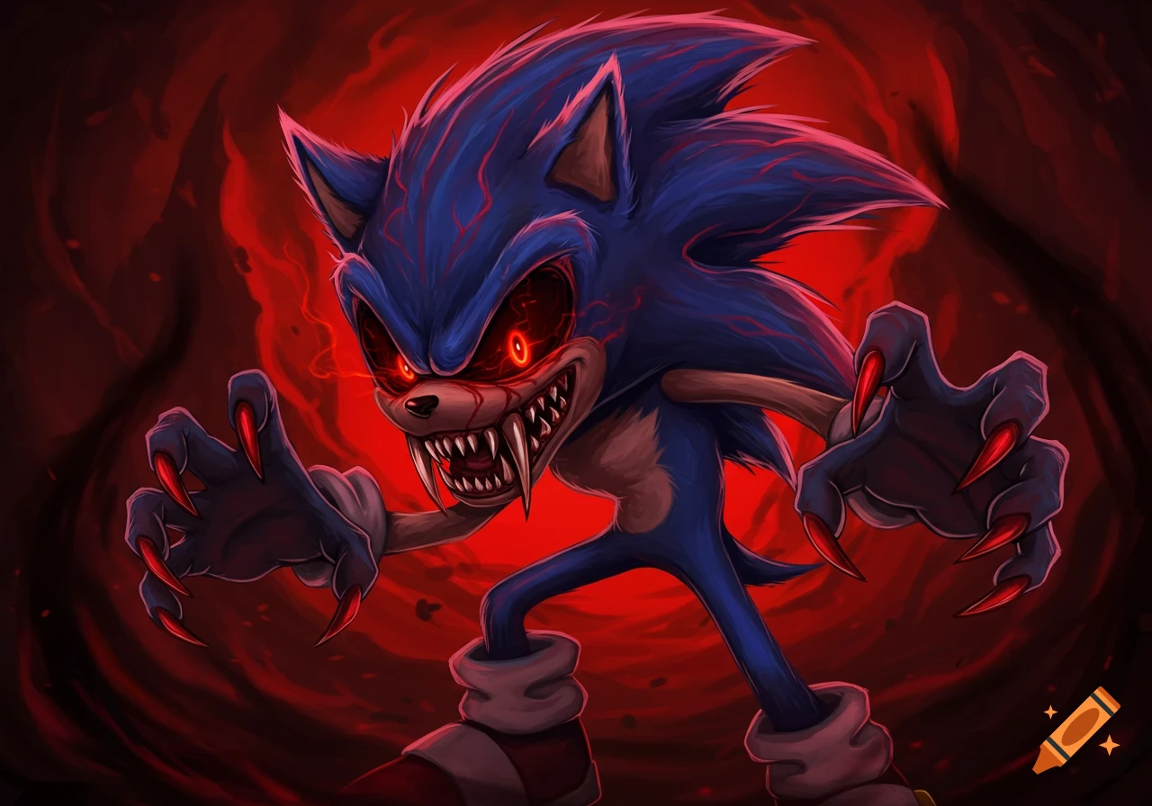 A monstrous version of Sonic the Hedgehog with sharp teeth and glowing red eyes, against a red background.