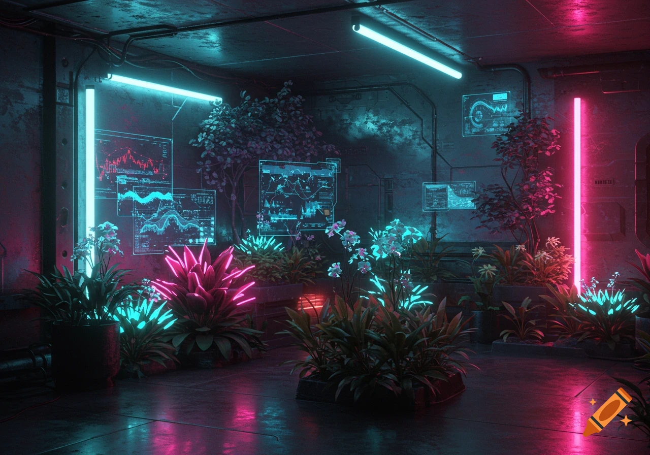 Cyberpunk room interior with neon lights, lush plants, and glowing ...