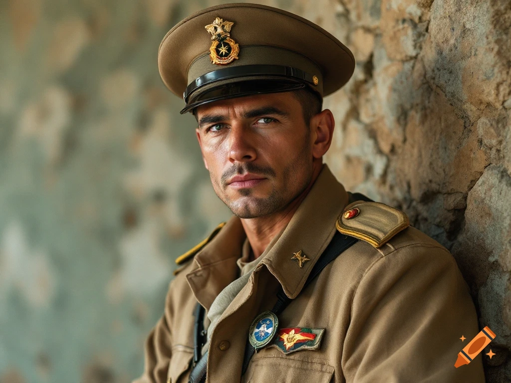 Photorealistic portrait of a man in a beige WWII military uniform and cap.