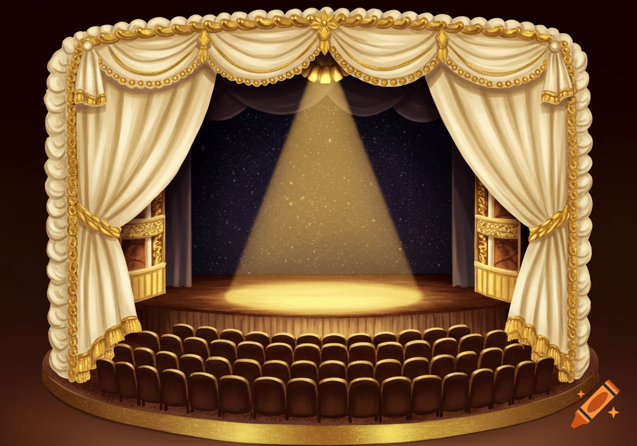 An empty theatre stage with brown seats, white and gold curtains, and a bright spotlight.