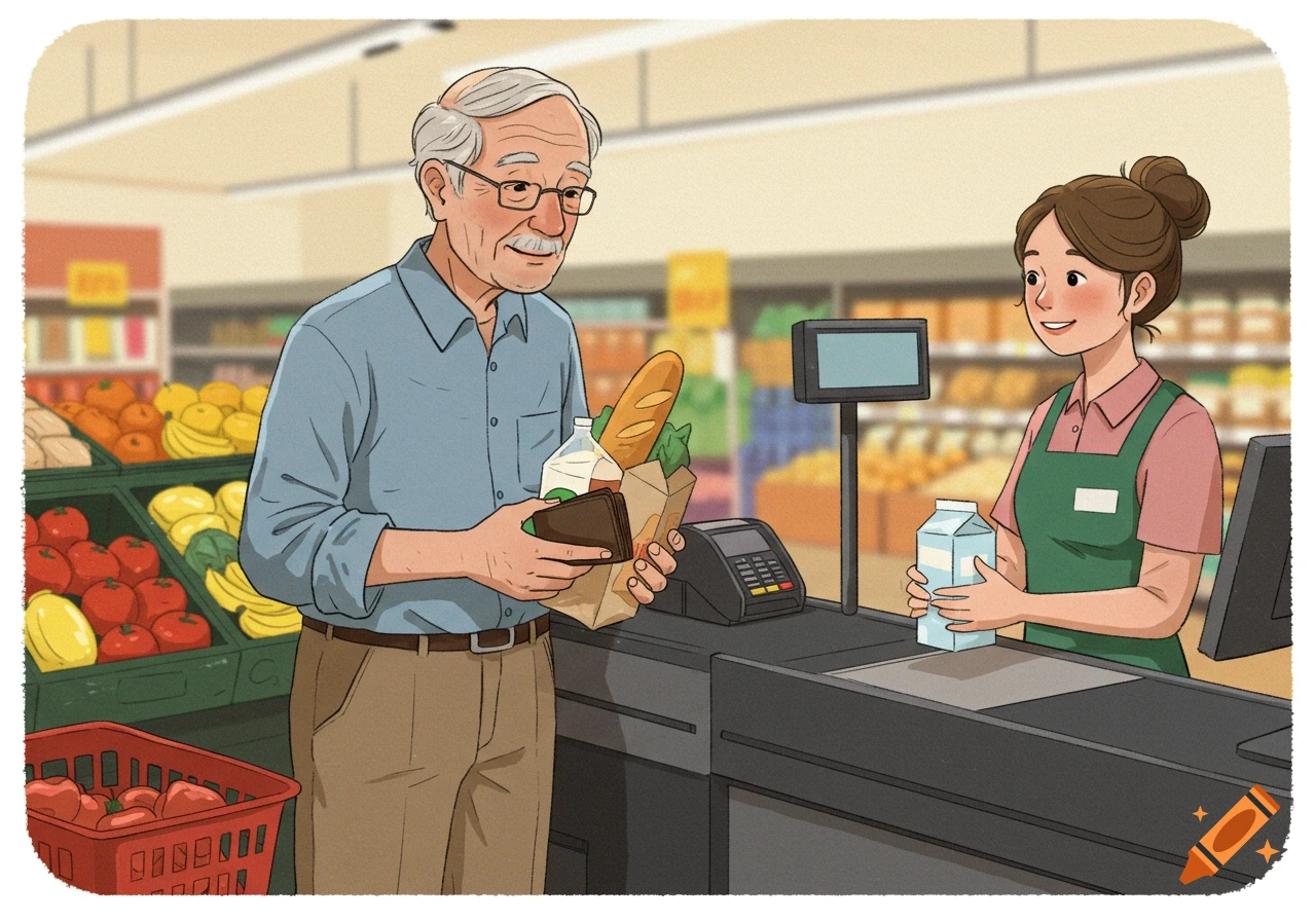 Illustration of an elderly man paying for groceries at a supermarket checkout counter.