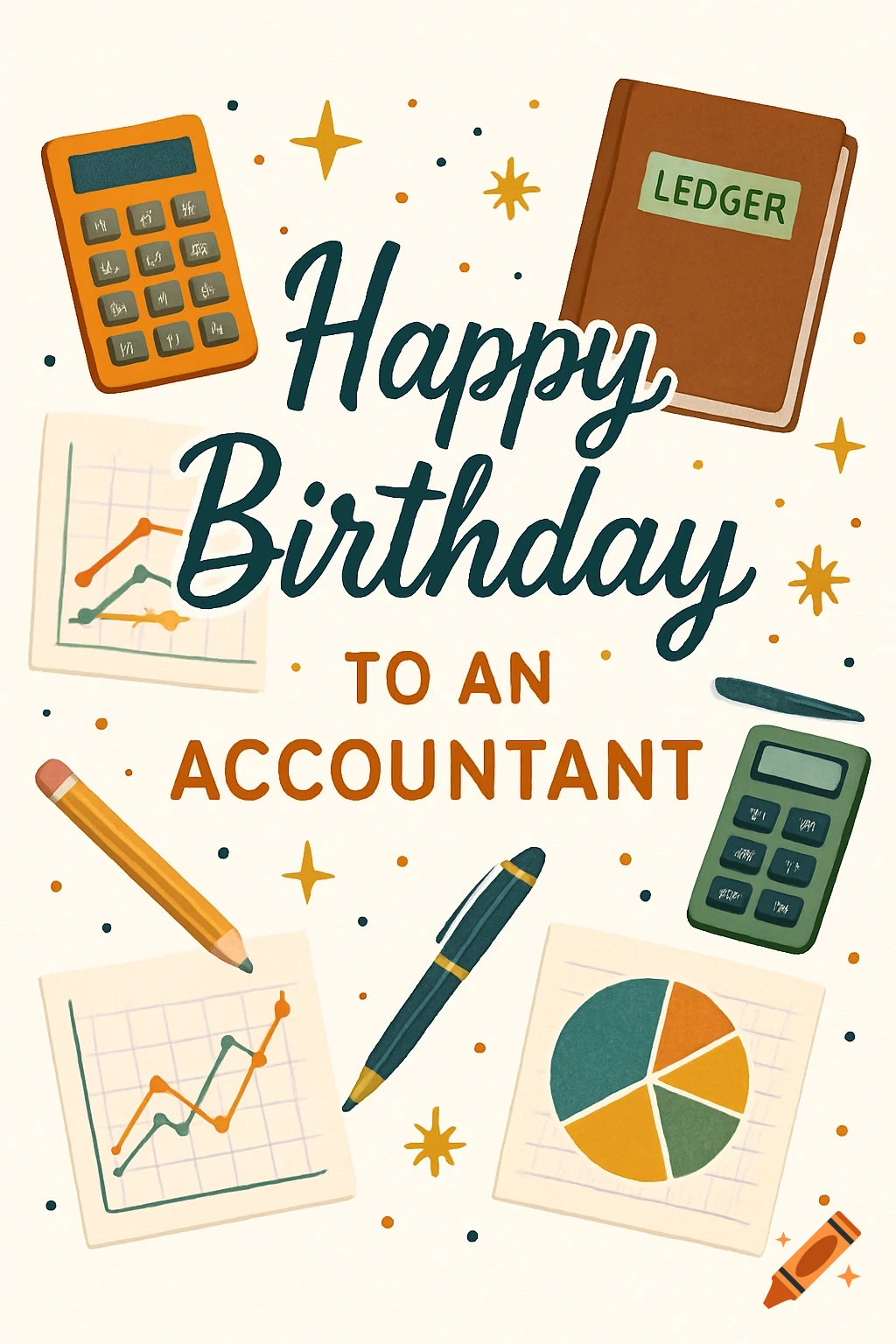 Birthday card illustration for an accountant with calculators, ledger book, charts, pen, and pencil.