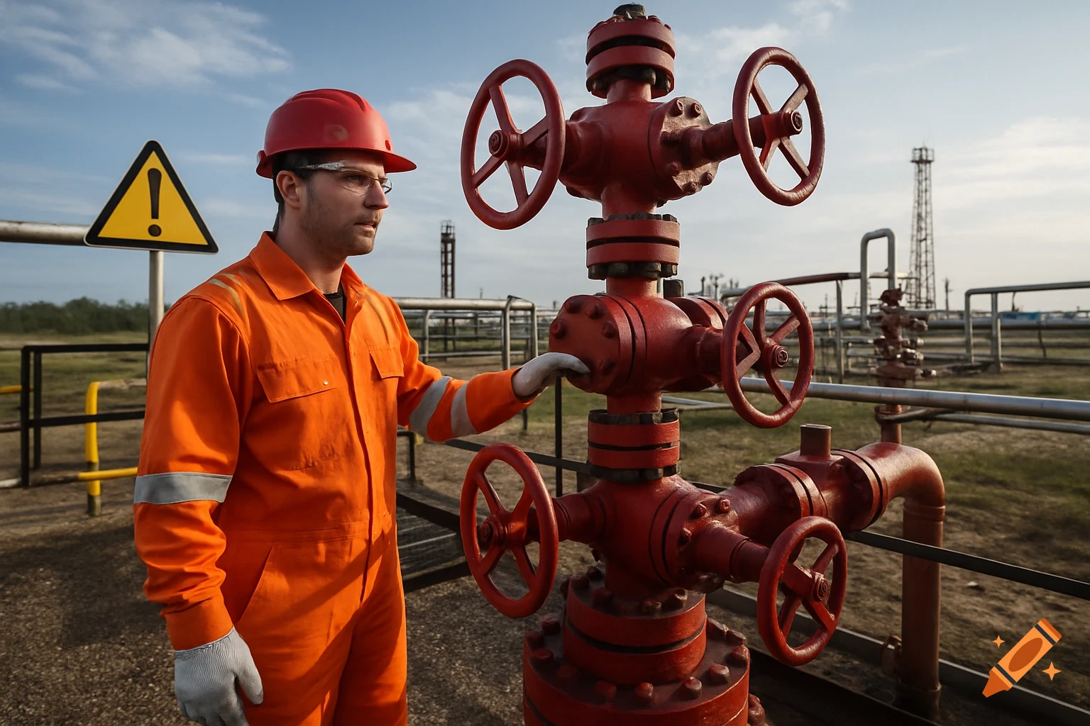 Man in orange uniform near red wellhead valve at industrial site
