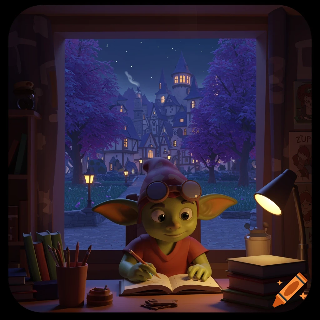 A cartoon goblin studies at a desk by a window overlooking an enchanted fantasy town at night.