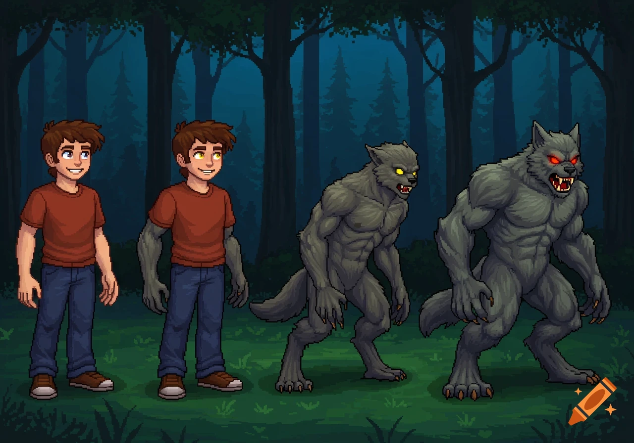 Pixel art showing stages of a human transforming into a werewolf in a ...