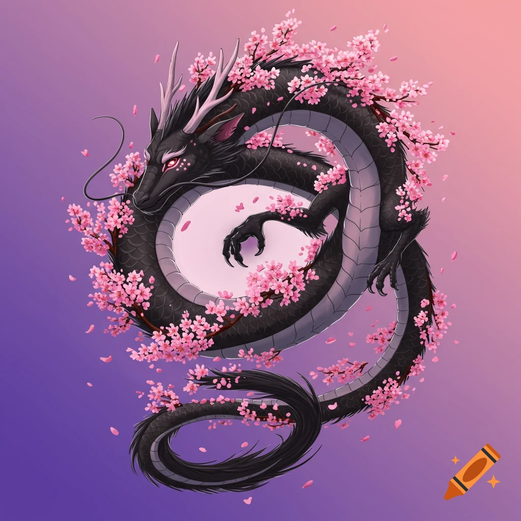 Black dragon entwined with pink cherry blossoms on a purple and pink gradient background.