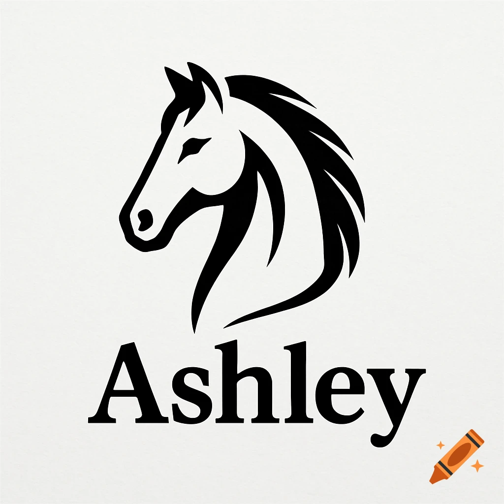 Black and white stylized horse head logo with the name Ashley below.
