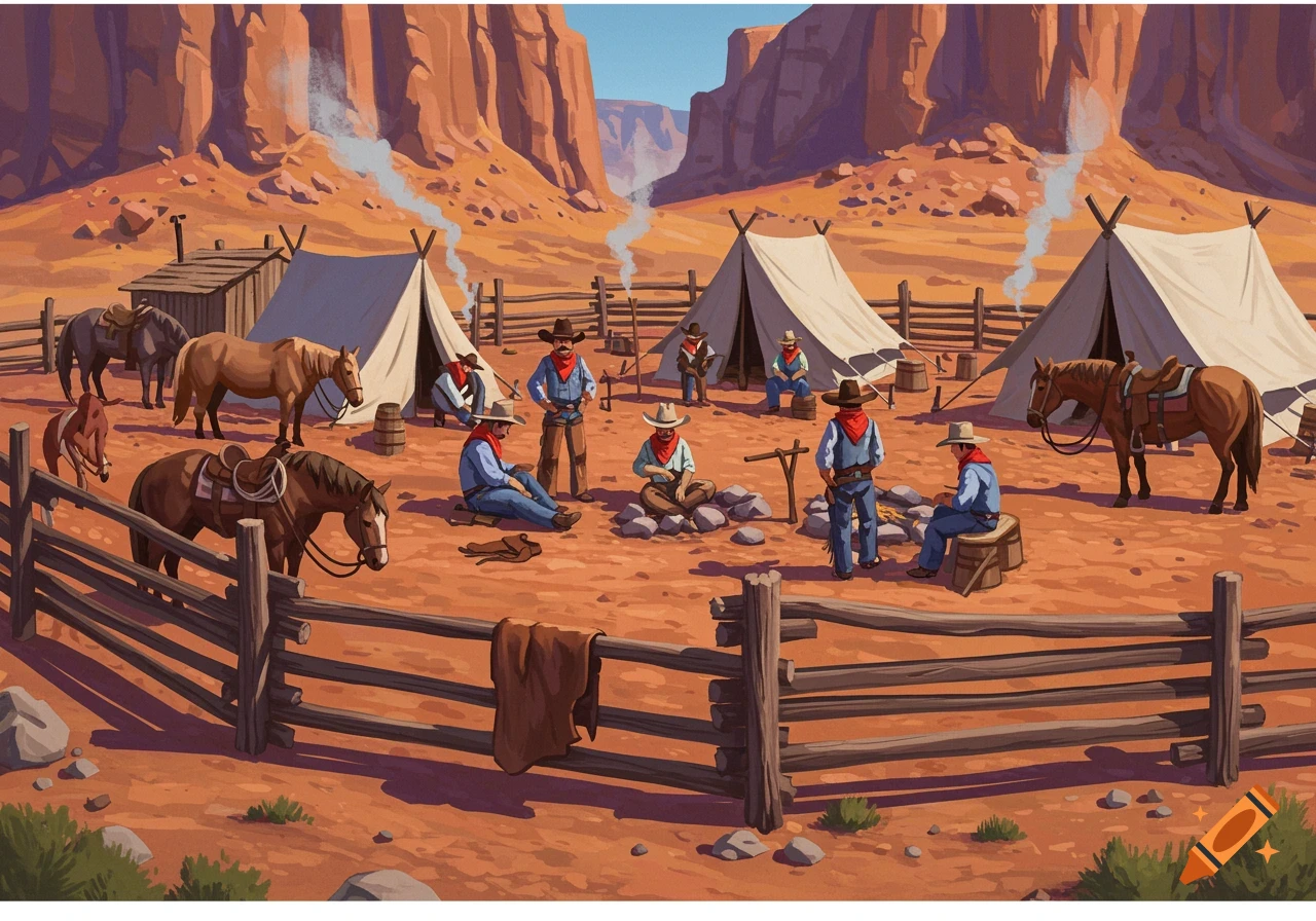 Cowboys camp with horses and tents in a rocky desert landscape.