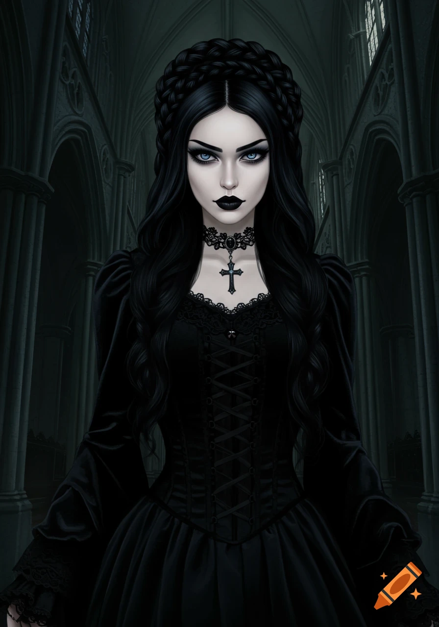 A gothic woman with dark hair and makeup in a black dress and cross choker stands in a gothic cathedral.