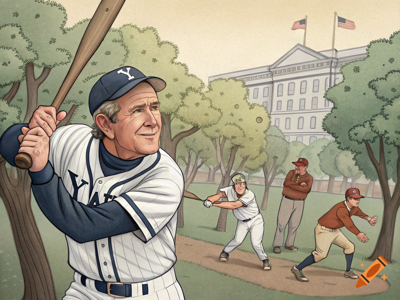 Cartoon illustration of George W. Bush playing baseball in a Yale uniform.