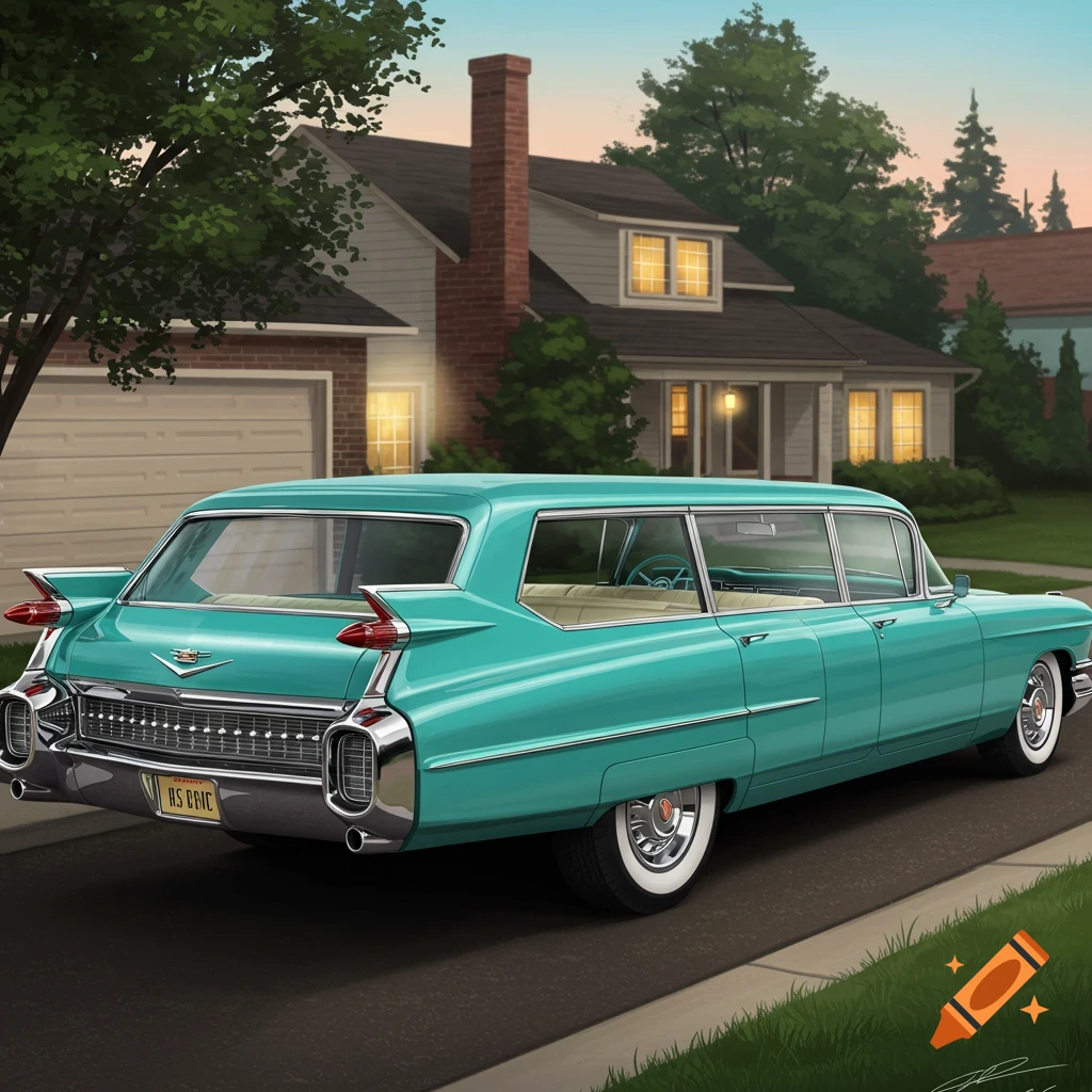 Teal classic Cadillac station wagon parked in front of a suburban house in an illustration style.