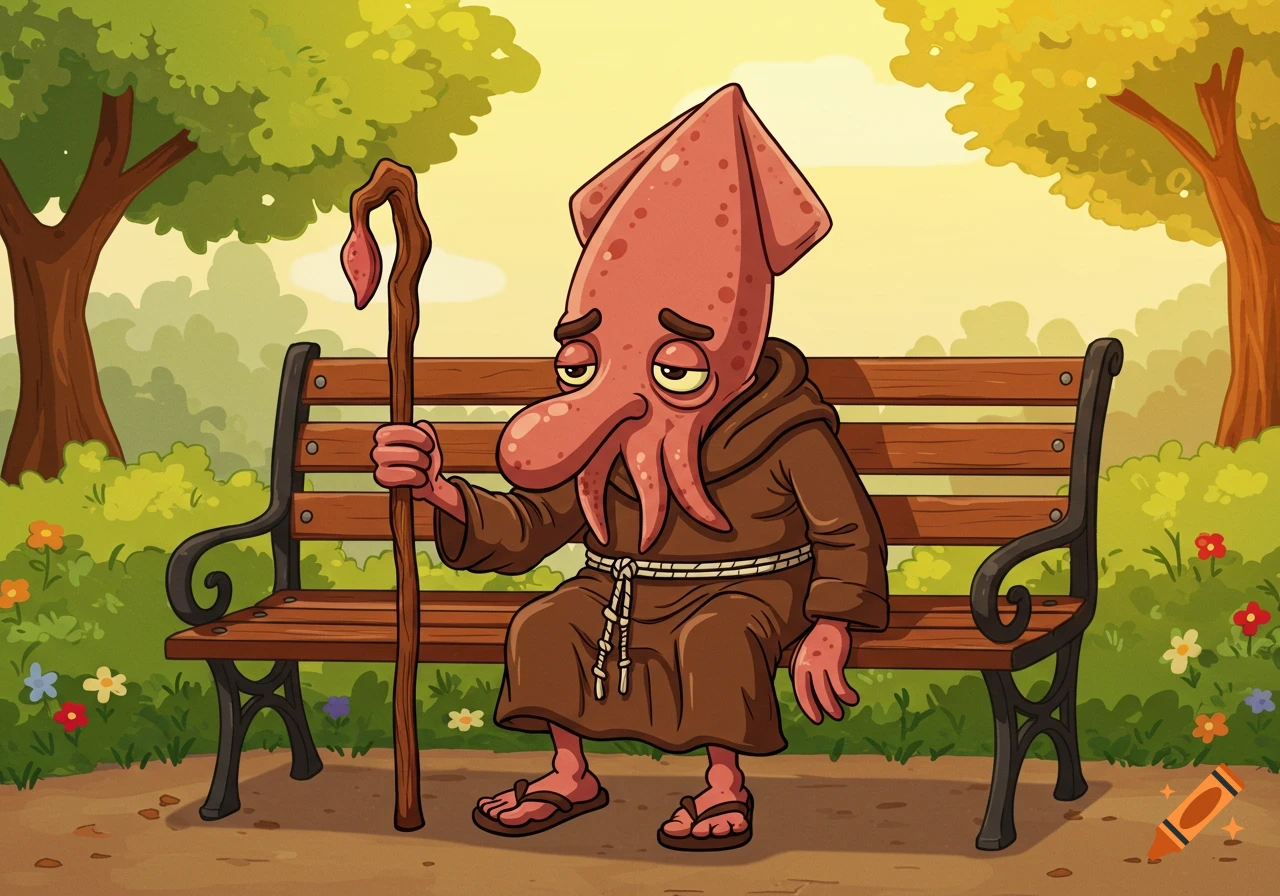 Cartoon squid monk with a staff sitting on a park bench