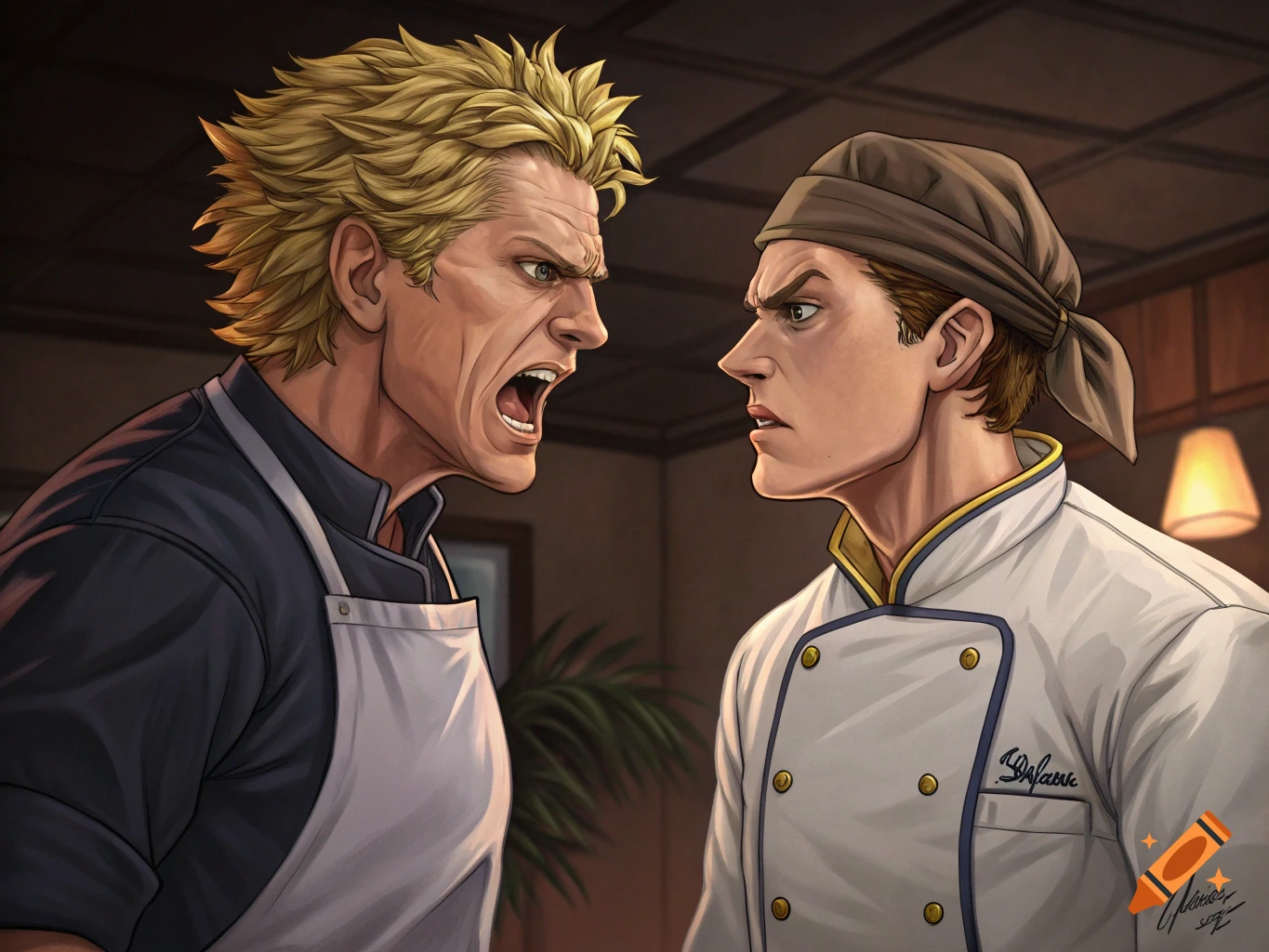 Two anime-style chefs, one yelling, face off in a kitchen.