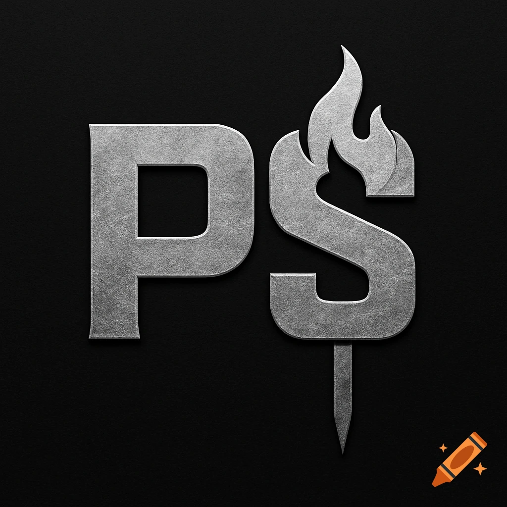 Metallic logo with letters PS, a flame, and a skewer.