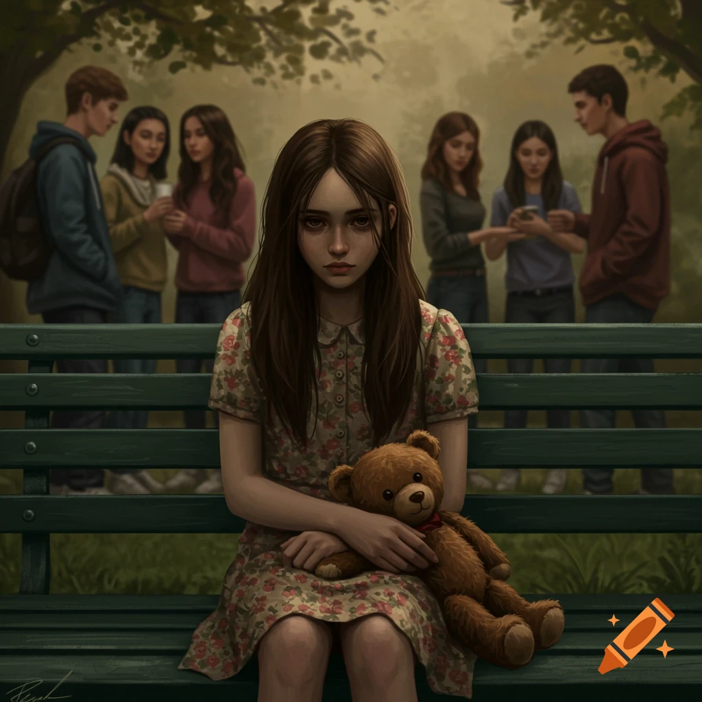 Sad girl sits alone on a park bench holding a teddy bear, ignored by others in a painted illustration.