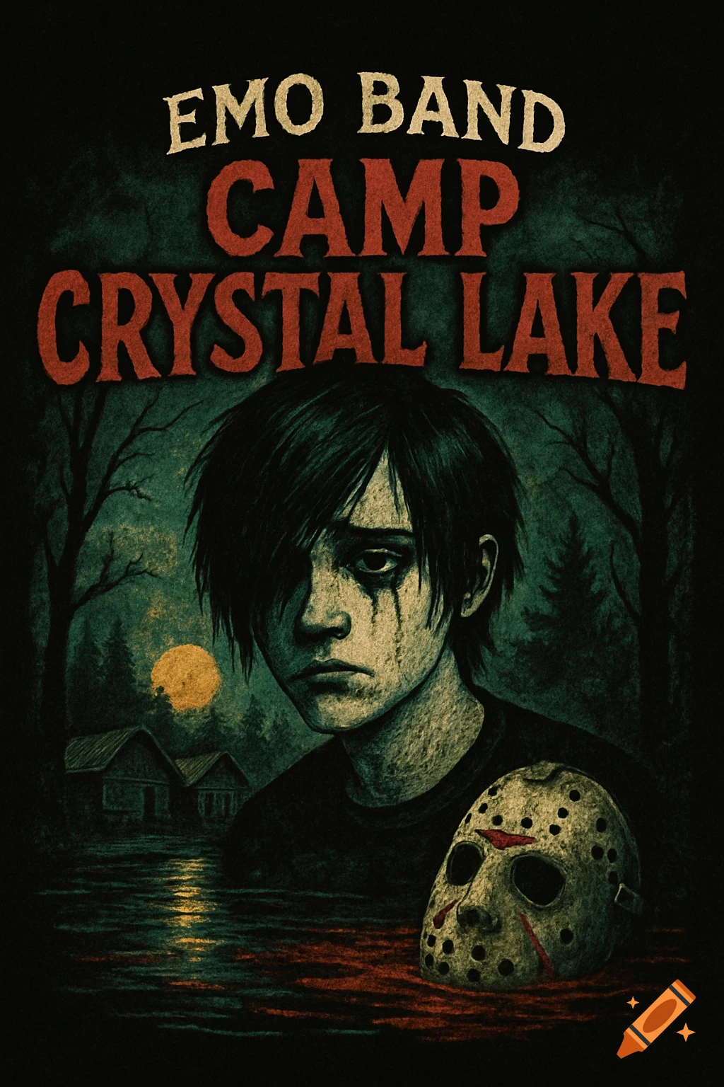 Illustration of an emo person, Jason mask, and cabins by a lake with red water under text 'EMO BAND CAMP CRYSTAL LAKE'.