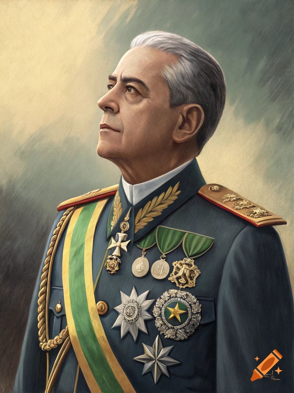 Portrait painting of a man in military uniform and medals looking up ...