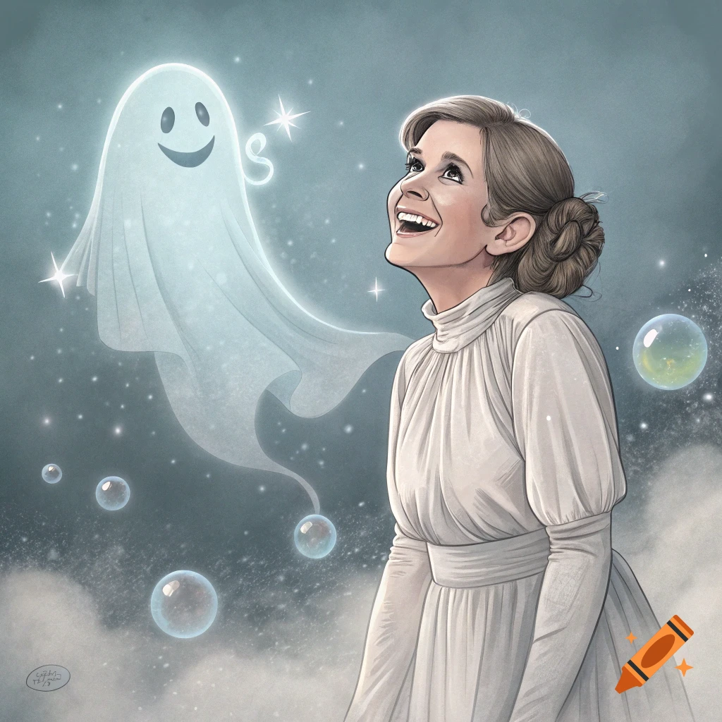 Illustration of a smiling woman looking up at a friendly sheet ghost, with bubbles and sparkles around them.