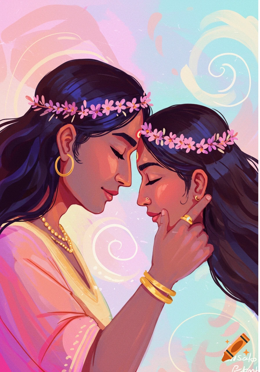 Colorful illustration of two people embracing with foreheads touching, wearing floral headbands and jewelry.