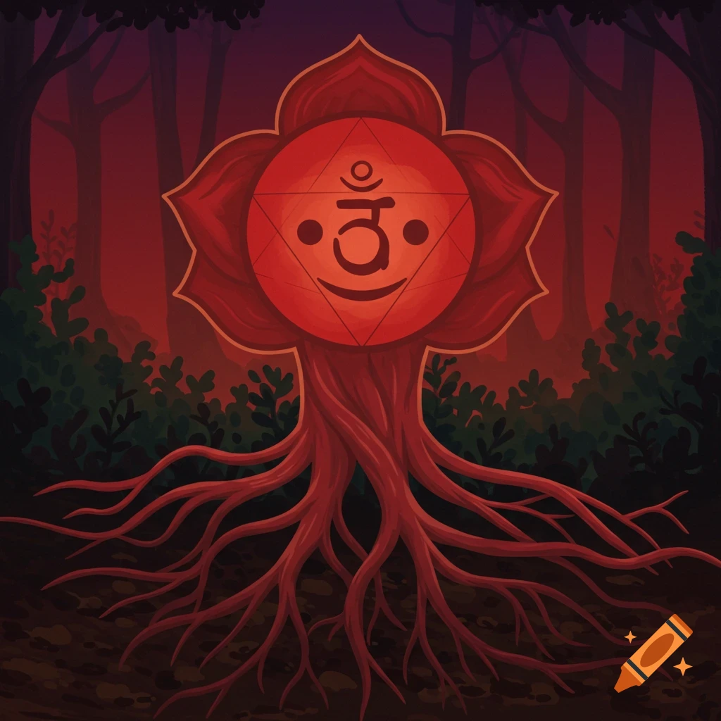 A red root chakra symbol with a face, shaped like a tree with roots, in a dark forest.