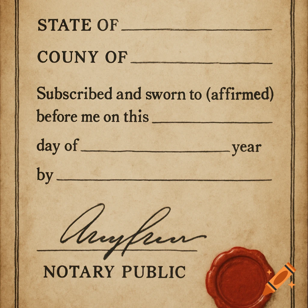 A close-up of a notarization form on aged paper with lines for state, county, date, and signature, along with a red wax seal.