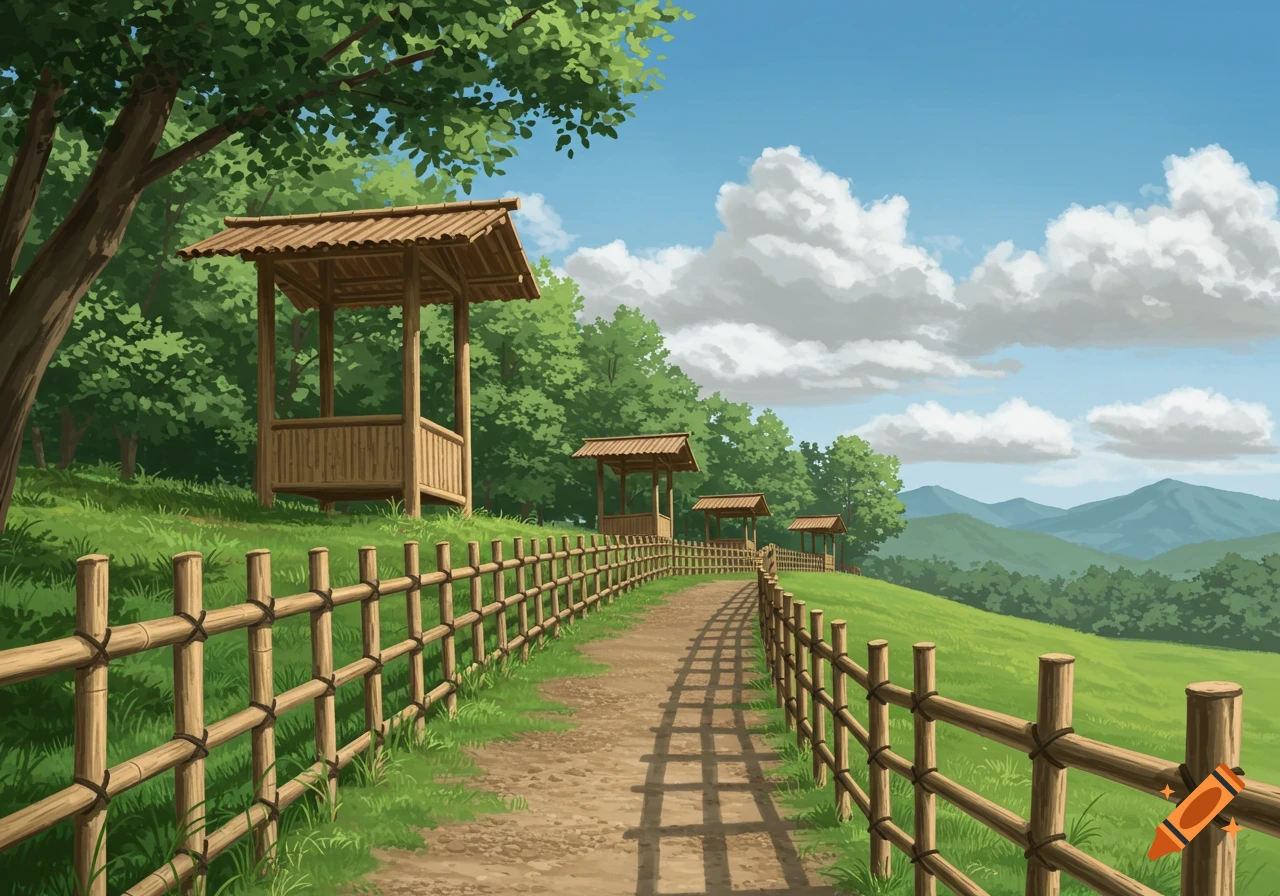 A dirt path winding uphill, lined by a wooden fence and shelters, with trees, hills, and clouds in an illustrative style.