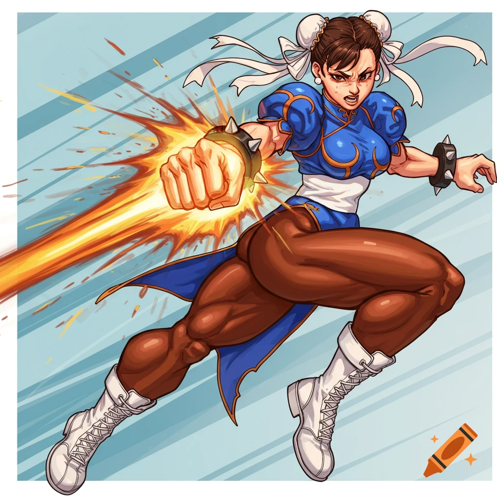 Chun-Li from Street Fighter performs a powerful punch with an energy trail in a dynamic cartoon style.