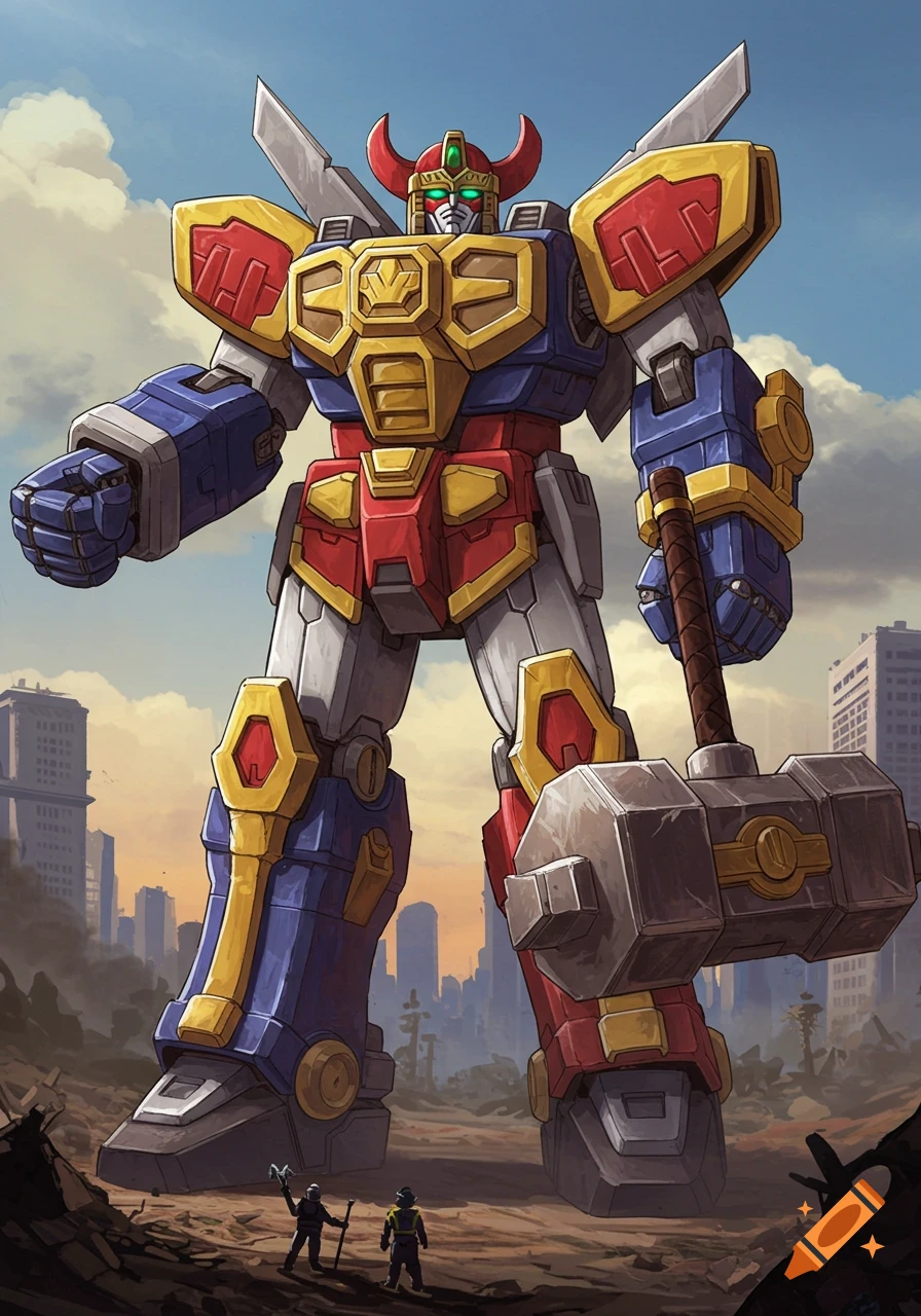 A large red, blue, and gold mecha robot stands in a ruined city holding a giant hammer, looking down at two small figures.