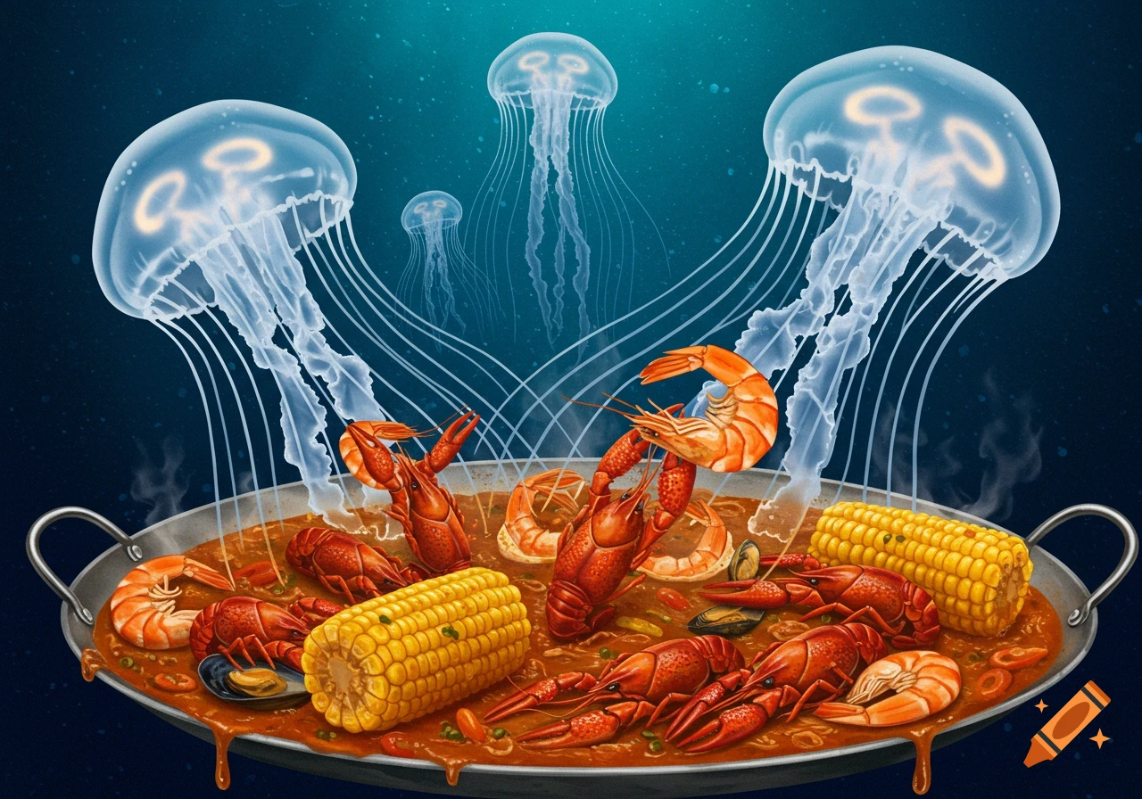 Illustration of jellyfish floating above a pan of seafood boil with crawfish, shrimp, corn, and mussels.