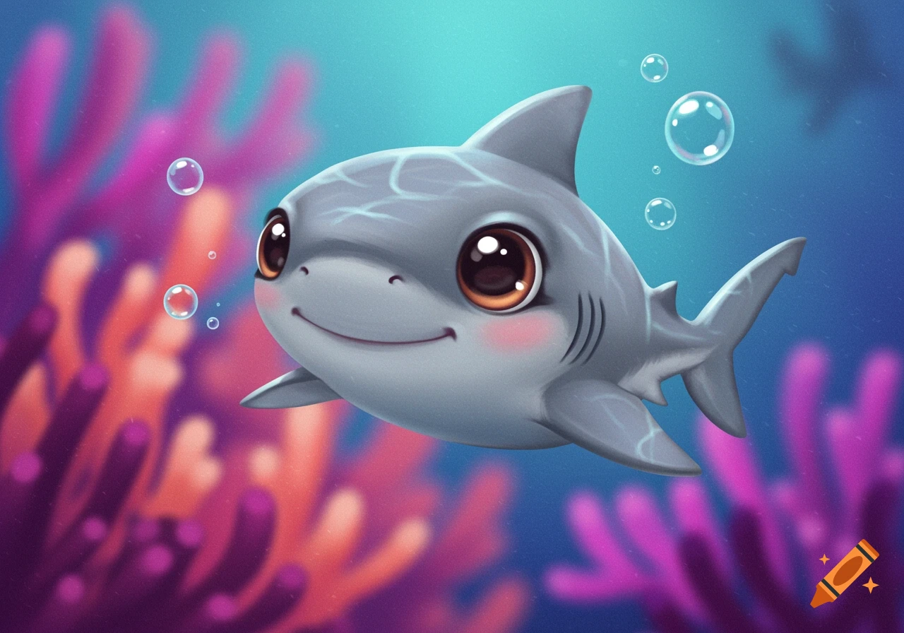 Cute cartoon baby shark swimming underwater with bubbles and coral.