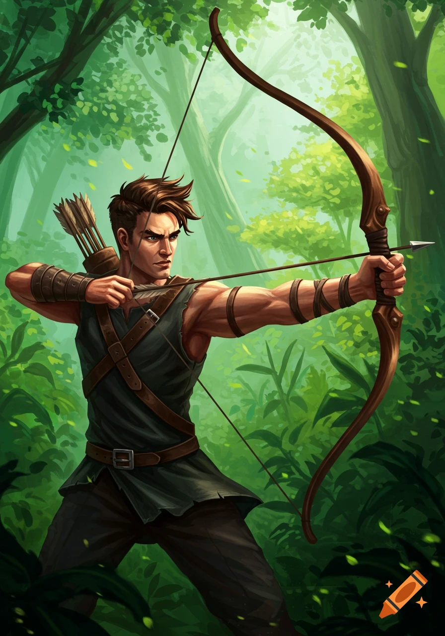 Male archer aiming bow in a forest, illustration