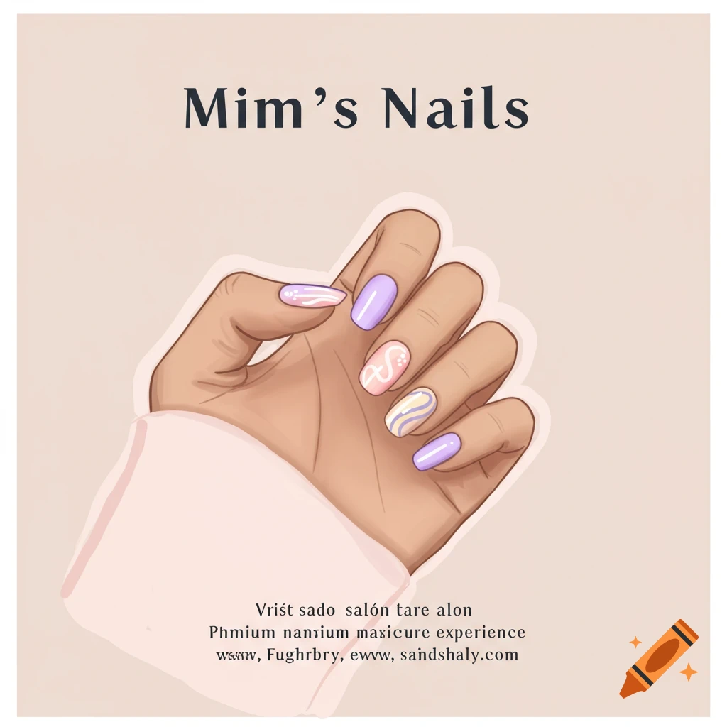 Illustration of a hand with colorful painted nails. Text reads 'Mim's Nails'.