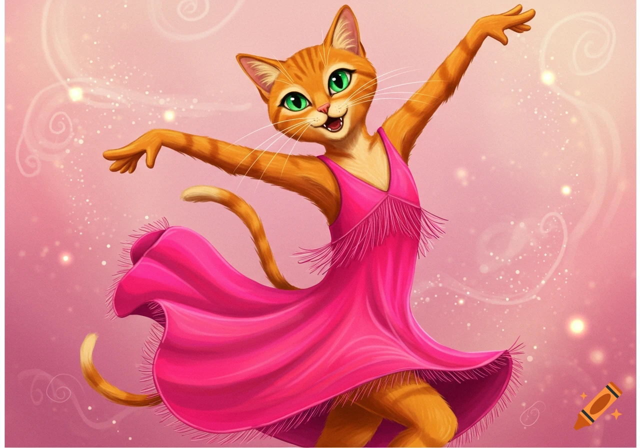 Cartoon cat dancing in a pink dress.