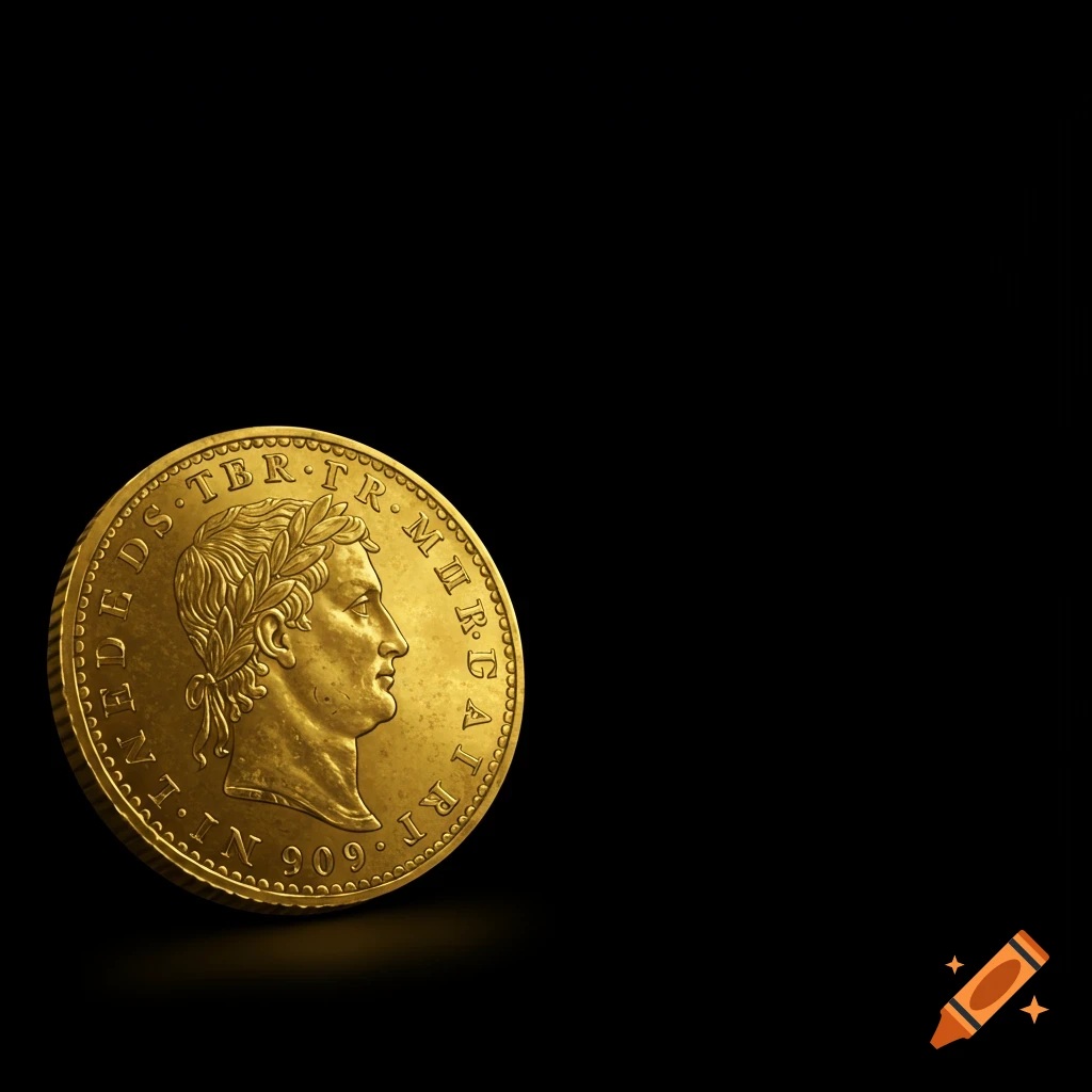 Close-up of a gold coin with a profile on a black background
