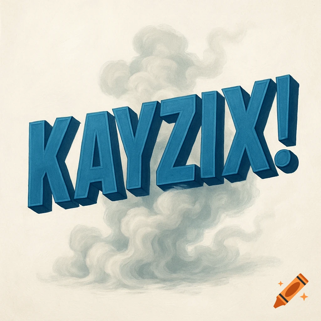 Blue 3D letters spelling KAYZIX! with smoke on a light background.
