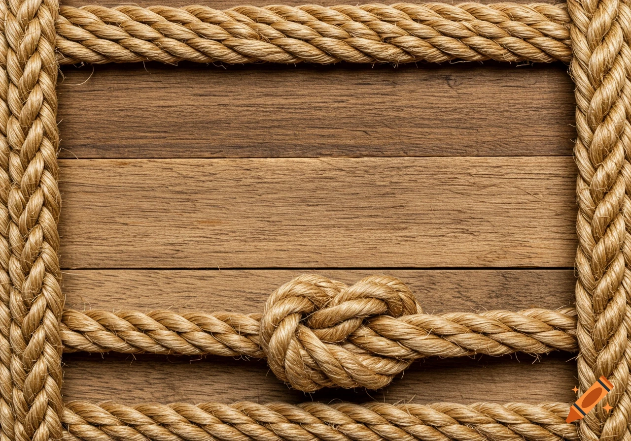 A frame made of braided rope surrounds a rustic wooden plank background, with a decorative knot centered at the bottom.