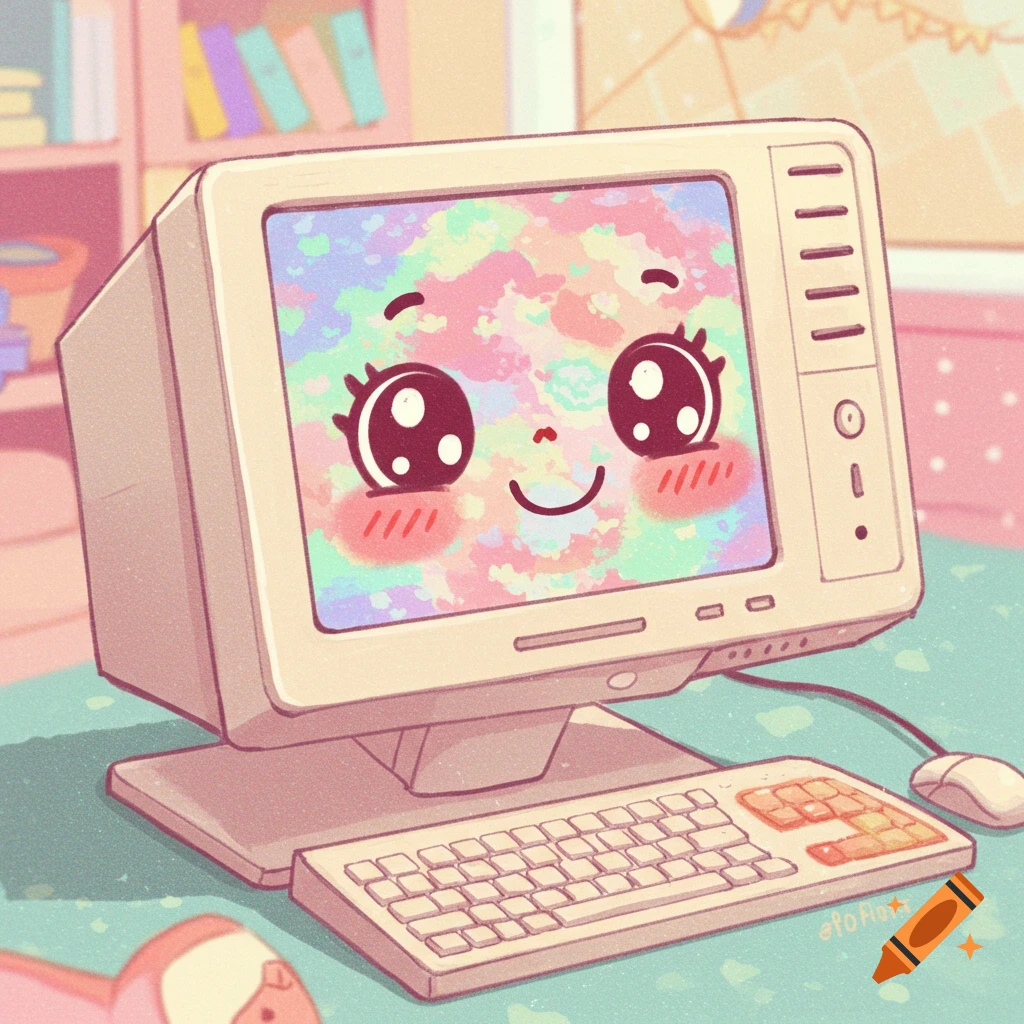 Cartoon illustration of a cute computer with a face on its screen.