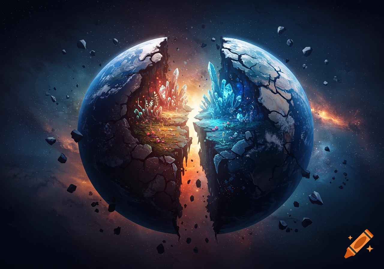 A planet cracked in half floats in space, revealing glowing internal landscapes with red and blue crystals and small plants.